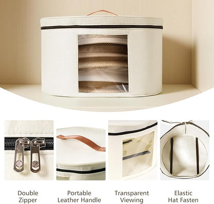 HEAVYWOOD Hat Box for Women Storage Travel Felt Hat Case for Wide-Brim Cowboy Hat Storage Foldable Organizer for Closet Large Round Hat Carrier with Portable Handle (White)