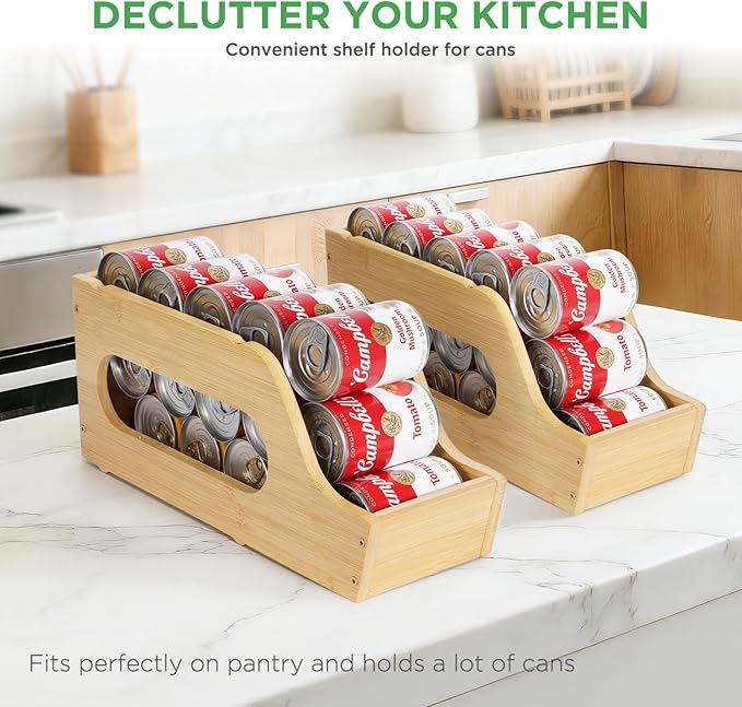2 Pack Bamboo Can Organizer for Pantry, Soda Can Dispenser Rack Drink Holders Stackable Canned Goods Storage for Pantry Kitchen Cabinet Up To 30 Cans