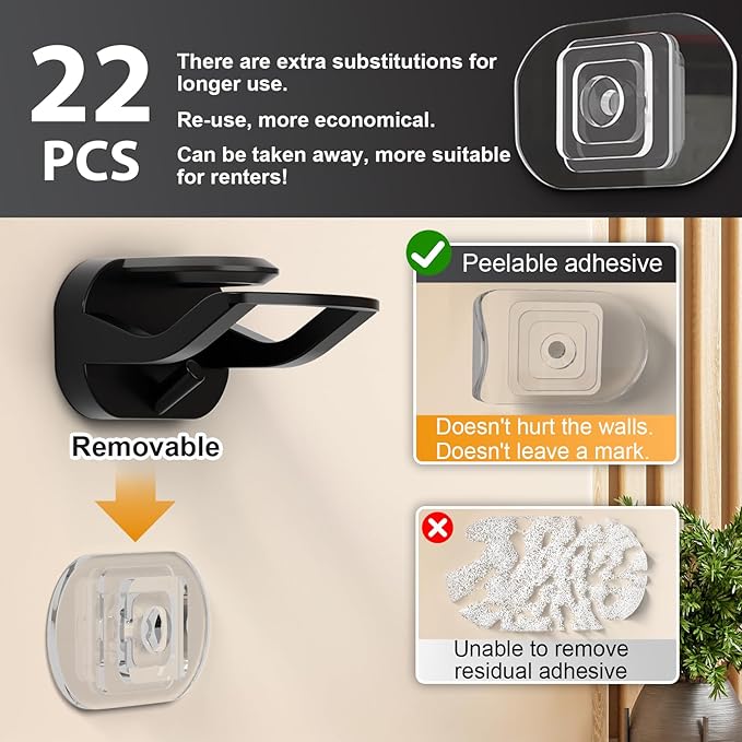 22 Pack Adhesive Hat Hooks for Wall, Removable Hat Rack for Baseball Caps, New Upgrade Wall Hat Holder, Hat Hanger(Black)