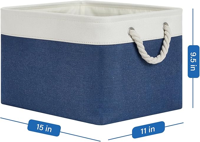 Temary Fabric Storage Baskets 4Pack Storage Bins Decorative Basket for Gift, Clothes Bin with Rope Handle, Rectangle Baskets for Storage, Blankets(White&Blue,15x11x9.5 inch)