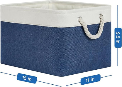 Temary Fabric Storage Baskets 4Pack Storage Bins Decorative Basket for Gift, Clothes Bin with Rope Handle, Rectangle Baskets for Storage, Blankets(White&Blue,15x11x9.5 inch)