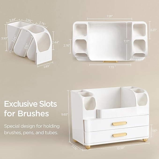 HBlife Makeup Organizer for Vanity with Brush Holder, Large Bathroom Countertop Cosmetic Organizer Skin Care Storage, Easy to Store Lipsticks, Nail Polishes, Perfumes, Eyeshadow Palettes, All White