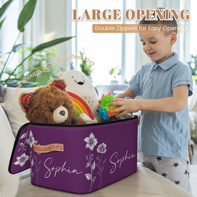 Custom Flower Storage Bins with Lid, Foldable Personalized Storage Basket Boxes with Handle Purple Shelf Basket Closet Organizer Cube