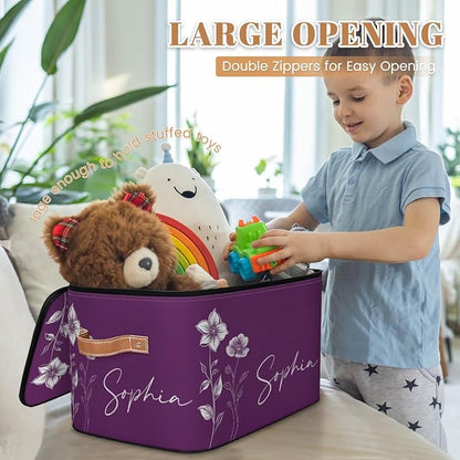 Custom Flower Storage Bins with Lid, Foldable Personalized Storage Basket Boxes with Handle Purple Shelf Basket Closet Organizer Cube