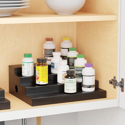 SpaceAid Bamboo Spice Rack Organizer for Cabinet, Kitchen Pantry Spices Storage Rack for Cabinets Organization, Home Seasoning Tiered Can Goods Racks Wood Shelf Organizers (4 Tier, Black)