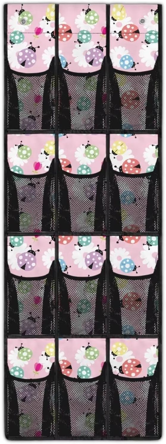 12-Pocket Storage Hanging Bag for Doors, Oxford Material, Waterproof Scratch-Proof and Designed for Organizing Household Items, Ladybug and Daisy