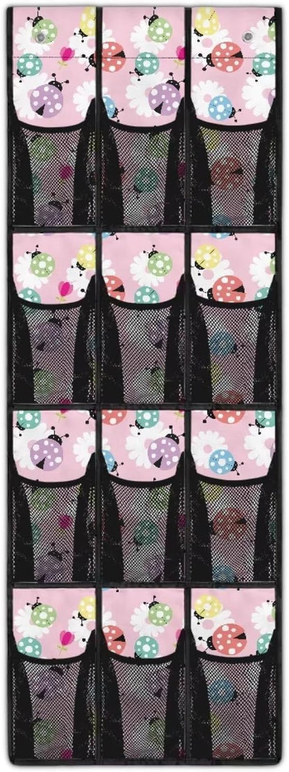 12-Pocket Storage Hanging Bag for Doors, Oxford Material, Waterproof Scratch-Proof and Designed for Organizing Household Items, Ladybug and Daisy