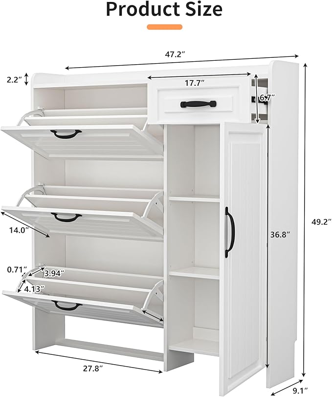 Shoe Cabinet for Entryway, Freestanding Shoe Storage Cabinet with 3 Flip Drawers and Side Cabinet, Narrow Shoe Rack Organizer with Adjustable Shelves, Modern Slim Hidden Shoe Cabinet, White