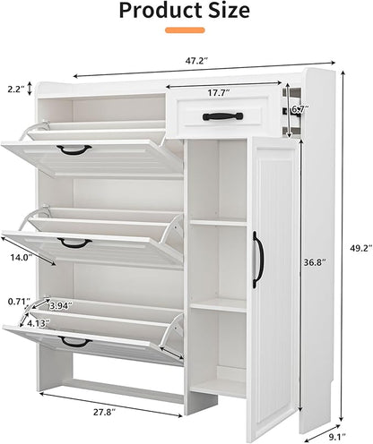 Shoe Cabinet for Entryway, Freestanding Shoe Storage Cabinet with 3 Flip Drawers and Side Cabinet, Narrow Shoe Rack Organizer with Adjustable Shelves, Modern Slim Hidden Shoe Cabinet, White