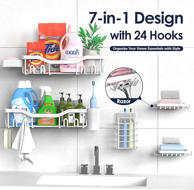 NESOMI Shower Caddy Adhesive Shower Organizer 7-Pack, Rustproof Stainless Steel Bathroom Shelves, Large Capacity No-Drill Rack Storage Accessories with Soap Dish Toothbrush Holder Hooks