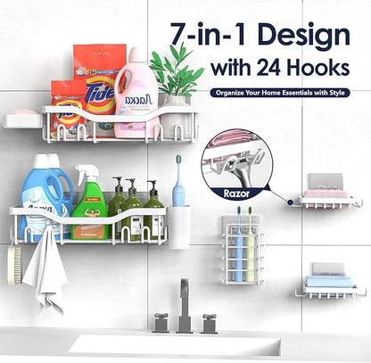 NESOMI Shower Caddy Adhesive Shower Organizer 7-Pack, Rustproof Stainless Steel Bathroom Shelves, Large Capacity No-Drill Rack Storage Accessories with Soap Dish Toothbrush Holder Hooks