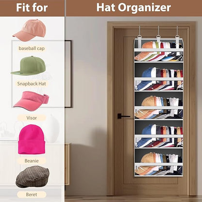 KYEVIS Over the Door Hat Organizer for Baseball Caps, Hold up to 60 Hats Rack Storage for Door/Closet/Wall, Clear Pockets Hanging Hat Holder for Baseball Caps with 10 Mesh Pockets, Grey