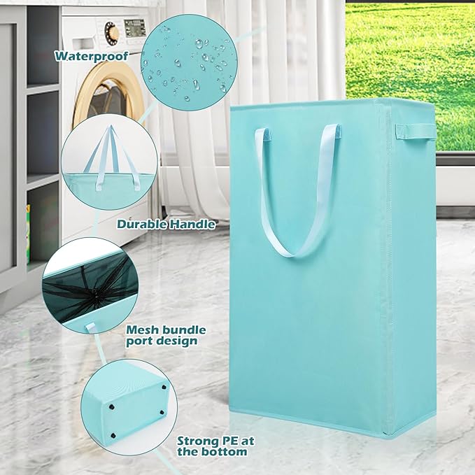 Odonata Slim Laundry Hamper Handles Collapsible Laundry Basket Thin Dirty Clothes Basket Narrow Laundry Bag Foldable Dirty Hamper 45L (Baby Blue)