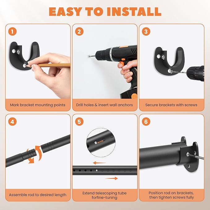Short Closet Rod 17-39 Inches, Adjustable Heavy Duty Black Metal Closet Rods for Hanging Clothes, 1.3 Inch Diameter with Wall Brackets for Wardrobes, Laundry Room, RV