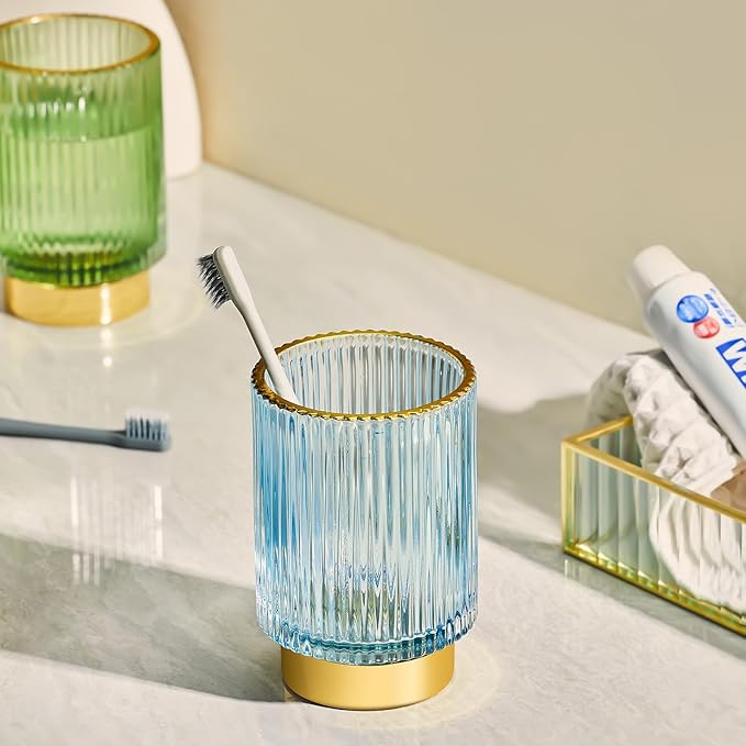 Makeup Brush Holder Organizer,Toothbrush Holders,Desk Pen Pencil Holder,Multifunctional Vintage Glass Brush Cup（S+L/Blue/A3-3-US）