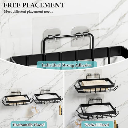 Vowupt Soap Bar Holder for Shower with 8 Hooks, Set of 2 Bar Soap Dish for Bathroom, Self Draining Shower Soaps Holder, Adhesive Soaps Saver Soap Tray Stand for Bathroom Accessories(Black)