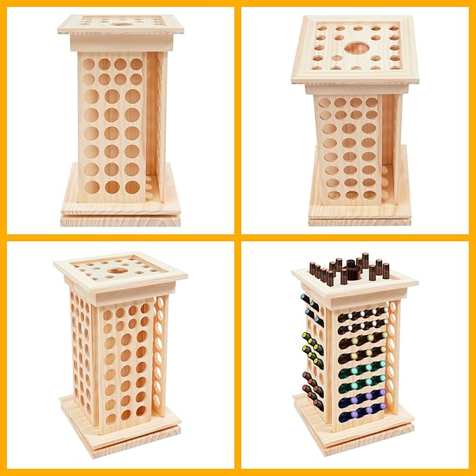125-Slot Wooden Essential Oil Display Rack, Rotating 360° Organizer for 0.5oz/0.17oz Bottles, Lipsticks, Nail Polish, Vertical Space-Saving Countertop Holder for Home, Spa, Salon, 9.25*16.14in