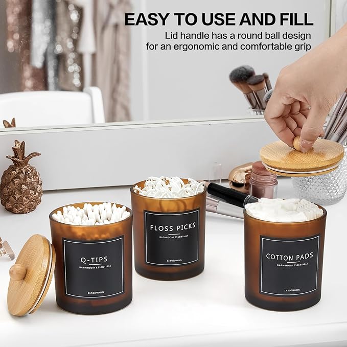 3 Pack Qtip Holder Bathroom Set with Tray,13.5oz Cotton Round Ball Pad Holder Cotton Swab Floss Pick Dispenser,Glass Apothecary Jars Canisters with Lids,Bathroom Organizers and Storage Container-Amber