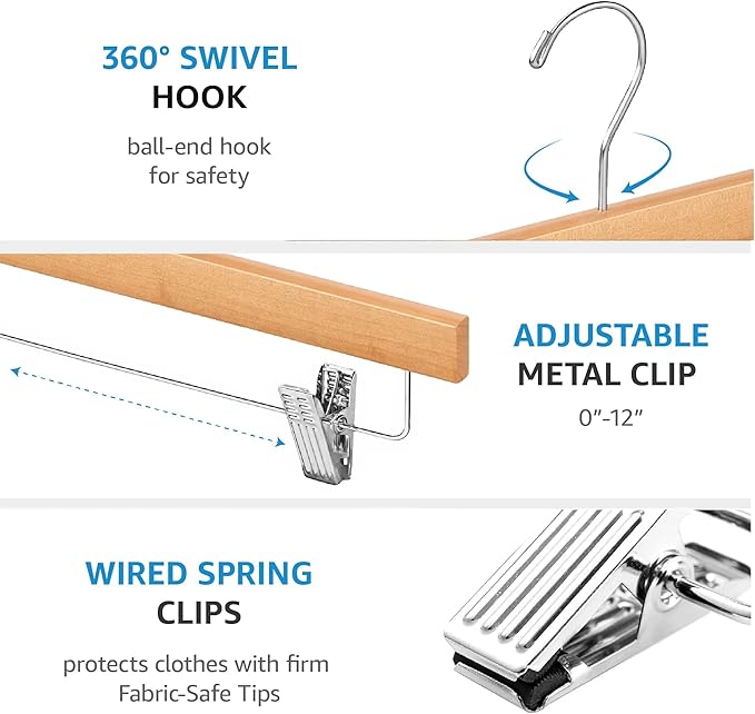 ZOBER Wooden Pants Hangers with Clips - 10 Pack Premium Solid Lotus Wood Skirt Hangers for Women, Heavy Duty Wooden Hanger with Adjustable Metal Grip Clips for Jeans and Shorts, Smooth Finish, Natural