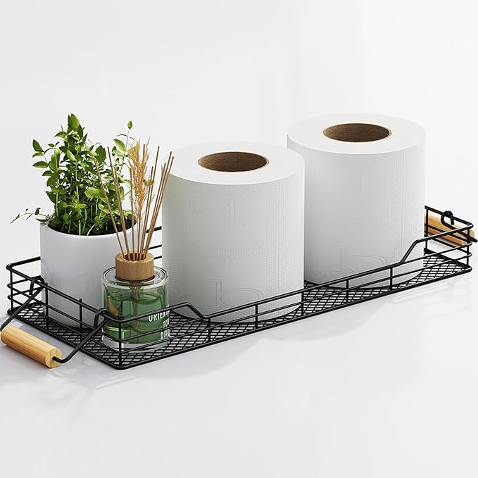 VITVITI Metal Toilet Paper Basket Storage, Bathroom Toilet Tank Tray with Bamboo Handle Countertop, Back of Toilets Tray Basket for Vanity Kitchen Counter Decor, Black