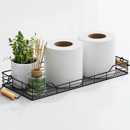 VITVITI Metal Toilet Paper Basket Storage, Bathroom Toilet Tank Tray with Bamboo Handle Countertop, Back of Toilets Tray Basket for Vanity Kitchen Counter Decor, Black