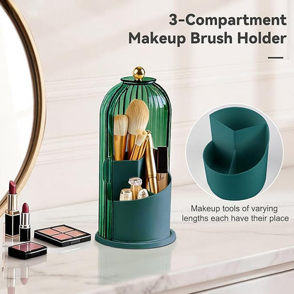 Hvygss 360° Rotating Makeup Brush Holder with Lid, Waterproof Three-Compartment Makeup Organizer, 180° Side-Pull Door Desk Organizer, Dustproof Brush Holder for Vanity and Bathroom (Green)