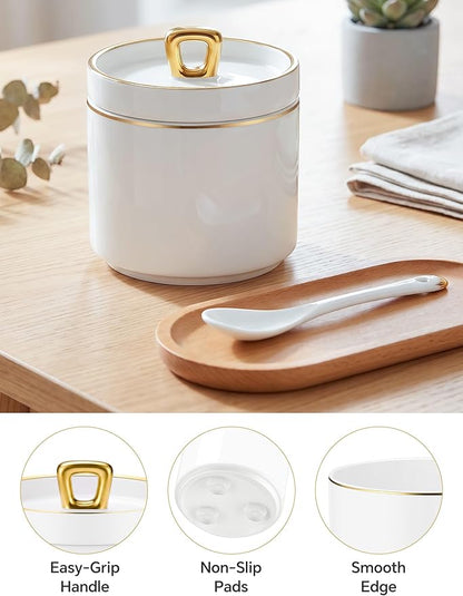 NiHome Seasoning Jar Set with Spoon and Lid, Ceramic Spice Container for Salt Pepper Sugar and Herbs, Nonstick Interior, Stable Anti-Slip Bottom, Countertop Storage for Kitchen or Tabletop