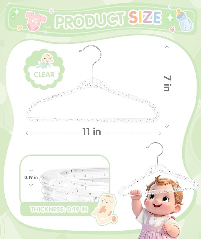 VIS'V Baby Hangers, 11 Inch Acrylic Kids Glitter Hangers for Infant Toddler Nursery Closet Clothes Organization, Clear, 30 Pcs