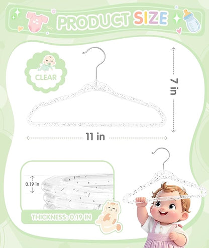 VIS'V Baby Hangers, 11 Inch Acrylic Kids Glitter Hangers for Infant Toddler Nursery Closet Clothes Organization, Clear, 30 Pcs