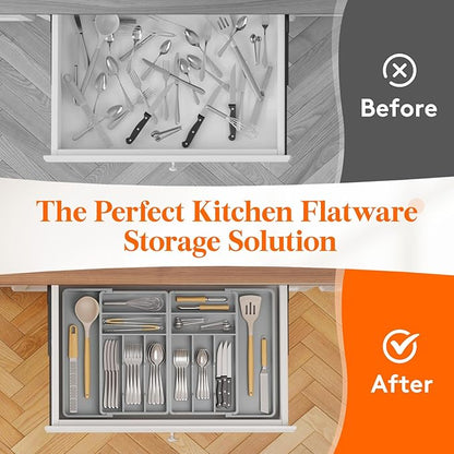 Lifewit Silverware Drawer Organizer, Expandable BPA Free Plastic Utensil Tray for Kitchen, Adjustable Flatware Cutlery Holder for Spoons Forks Knives, 18- 28 x 16.7", Gray