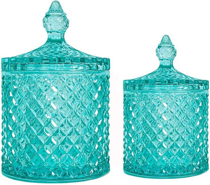 R FLORY 2 Pack Qtip Holder Glass Apothecary Jars with Lids Bathroom Storage Organizer for Cotton Swabs, Balls, Pads, Floss Picks, Vanity Storage Containers for Makeup, Candy, Jewelry (10+24oz, Green)