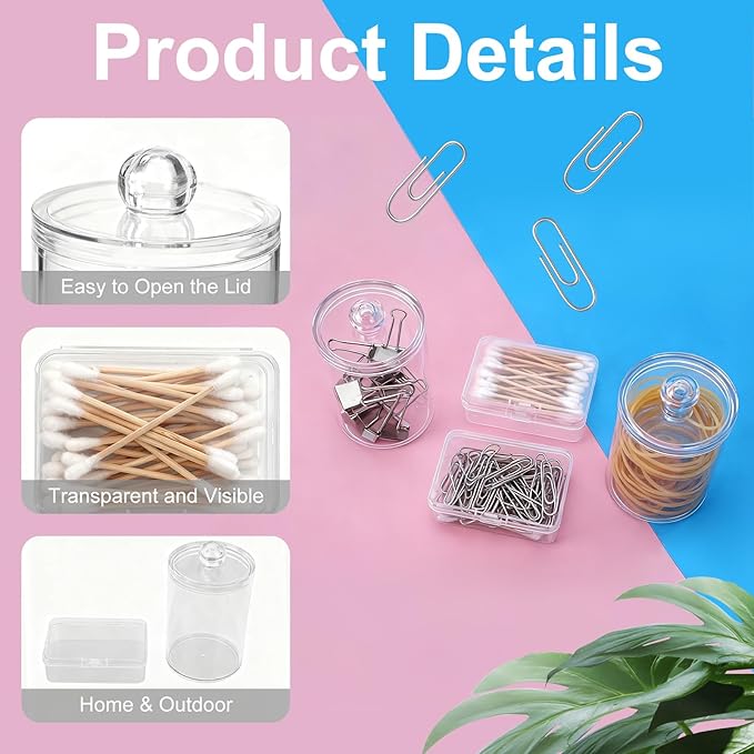 4 Pcs Qtip Holder Dispenser, 2Pcs Clear Acrylic Qtip Dispenser Apothecary Jars with Lids and 2Pcs Portable Travel Cotton Pad Holder for Cotton Ball, Swab,Pads, Rounds,Floss Picks, Hair Clips