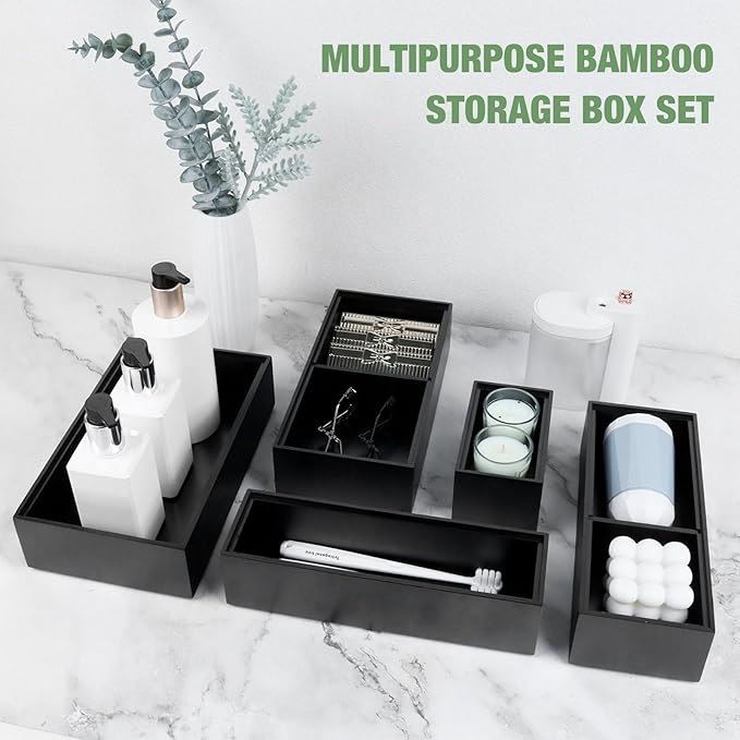 Bamboo Drawer Organizer,5 PCS Black Silverware Tray&Desk Organizers and Storage,Cabinet Divider With Removable Bathroom Organization for Kitchen,Utensils,Junk,Office,Makeup
