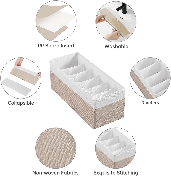 3 Packs Fabric Belt Organizer, 6 Grids Belt Organizer for Closet and Drawer, Foldable Dresser Drawer Organizers,Tie Storage -Beigewhite