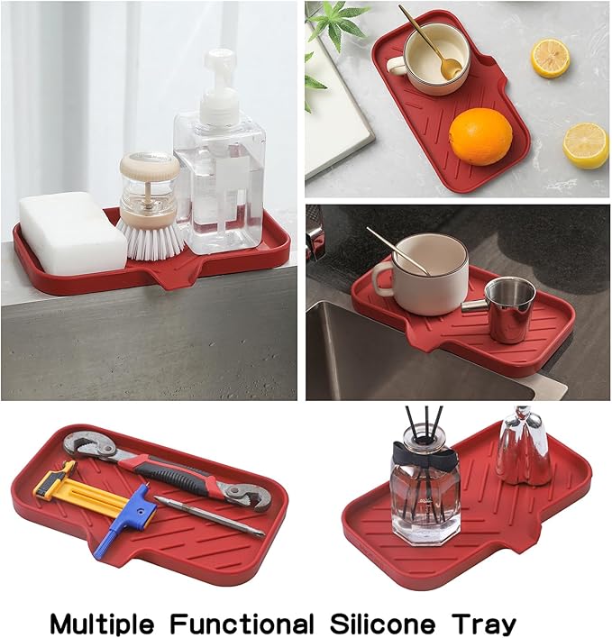 MicoYang Silicone Bathroom Soap Dishes with Drain Spout-Bathroom and Kitchen Sink Organizer,Sponge Holder,Dish Soap Tray,Perfect for Dispenser,Scrubber,Bottle,Cup on Sink or Counter-Red 9.6"×5.3"