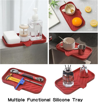 MicoYang Silicone Bathroom Soap Dishes with Drain Spout-Bathroom and Kitchen Sink Organizer,Sponge Holder,Dish Soap Tray,Perfect for Dispenser,Scrubber,Bottle,Cup on Sink or Counter-Red 9.6"×5.3"