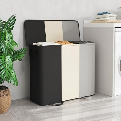 Lifewit Triple Laundry Hamper with Lid and Removable Laundry Bags, Large Collapsible 3 Dividers Dirty Clothes Basket with Handles for Bedroom Laundry Room Closet Bathroom College,185L Black&White&Gray