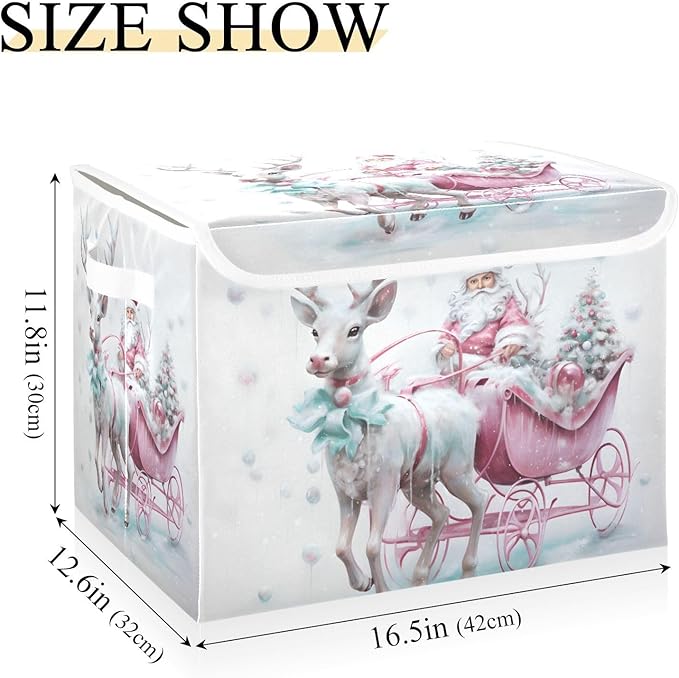 Christmas Baskets Collapsible Storage Bins with Lids, Christmas Santa Claus Pink Reindeer Storage Boxes Clothes Baskets for Organizing
