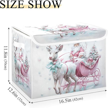 Christmas Baskets Collapsible Storage Bins with Lids, Christmas Santa Claus Pink Reindeer Storage Boxes Clothes Baskets for Organizing