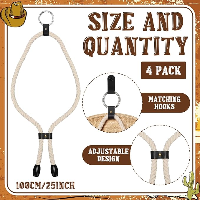 Sliner 4 Pcs Cowboy Hat Hangers Adjustable Cowboy Hat Mounts for Wall Including Nails and Hooks Western Decor Vintage Rope and Leather Design for Living Room Door Home Entryway Display