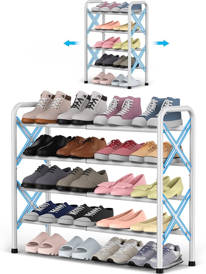 YEASHEIN 4-Tier Expandable Shoe Rack for Closet Floor, X-Frame Metal Small Shoe Rack for Entryway, Adjustable Shoe Shelf Organizer, Free Standing Shoe Racks for Front Door Entrance, Garage - White