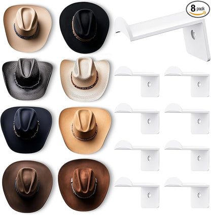 Aoodaily 2.8 Inch Hat Hooks for Wall - (8 Pack) Cowboy Hat Rack, Strong Adhesive Cap Holder, Organizer for Baseball Caps, Western Room Decor - White