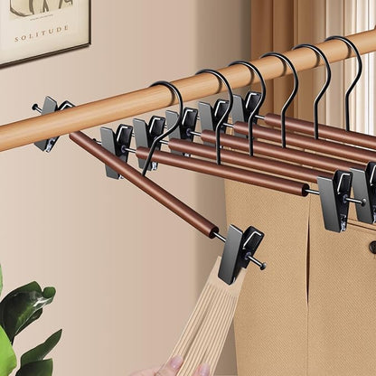 Wooden Pants Hangers with Clips 20 Pack Adjustable Wood Skirt Hangers for Women&Men Space Saving Closet Non Slip Clothes Hanger for Jeans,Trousers,Short,12Inch Brown