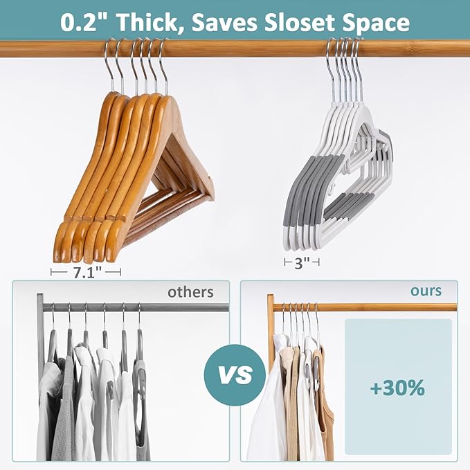 Tonswachic Pack of 30 Clothes Hangers, Space Saving Plastic Hangers, Non-Slip, 0.2 Inches Slim, 360° Swivel Silver Hook for Shirts, Pants & Wet/Dry Garments, White and Dark Gray