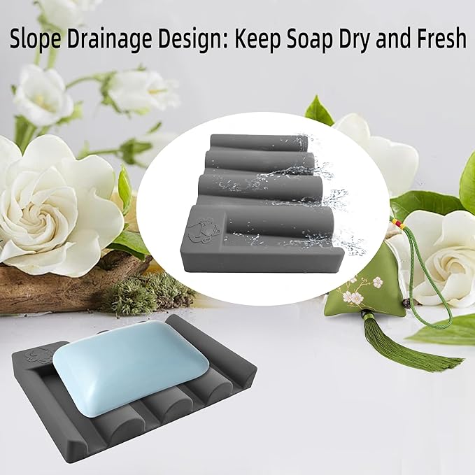 Silicone Soap Dish,Self Draining Soap Holder Perfect for Shower,Bathroom Sink,Kitchen Sink & Travel,Non-Slip Bar Soap Holder Extend Soap Life,Keep Soap Bars Dry & Easy Cleaning (White+Grey)-2Pcs