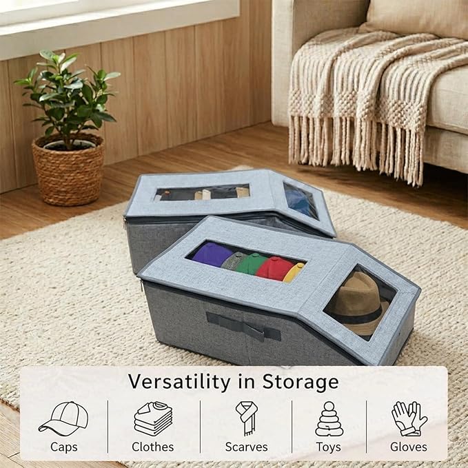 2 PCS Hat Organizer Storage Box for Closet, Stackable Hat Storage Box With Clear Window, Baseball Cap Organizer, Hat Storage Case, Dustproof Hat Holder Bin for Closet Shelf Wardrobe (Grey)