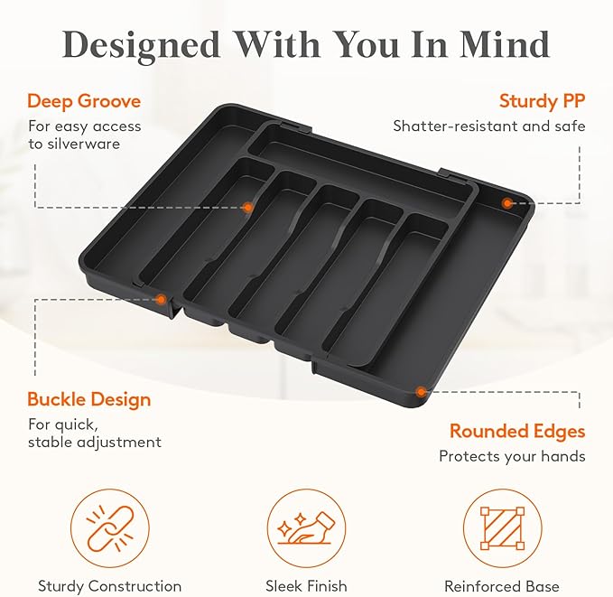 Lifewit Expandable Silverware Drawer Organizer for Kitchen, Adjustable Utensil Tray, BPA Free Plastic Flatware and Cutlery Holder for Spoons Forks Knives, 12.2"-18.9" x 13.8", Black