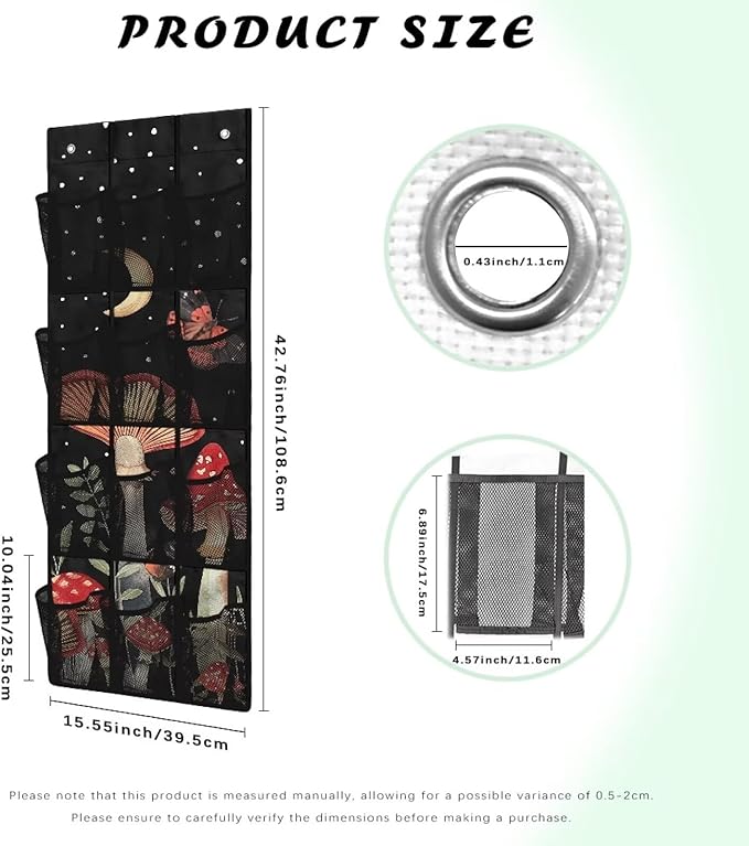 Mushrooms Over the Door Organizer with 12 Mesh Pockets - Breathable Design for Bath Towels, Toiletries, Makeup (Waterproof Lining)