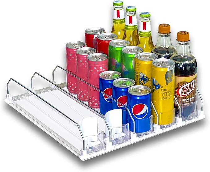 Fully Assembled Drink Beverage Fridge Organizer, Automatic Self-Pusher Glide, Adjustable Width, Soda Can Water Beer Bottle Beverage, 12oz to 20oz, Home Kitchen, Commercial Refrigerator (White)