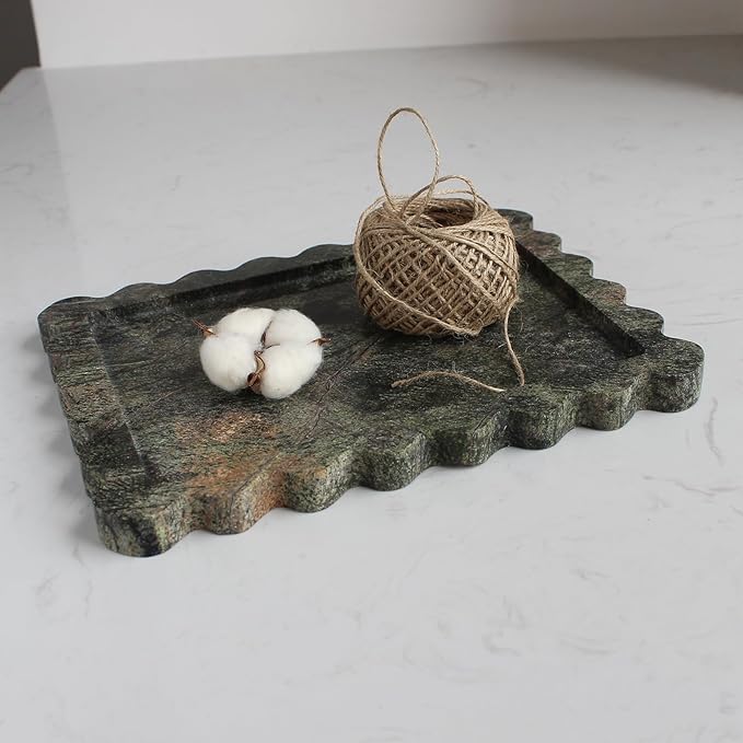 Natural Luxury Scalloped Marble Tray 10.8"x8", Rectangle Vanity Tray for Bathroom Kitchen Counter, Decorative Tray for Dresser Home Decor - Rainforest Green